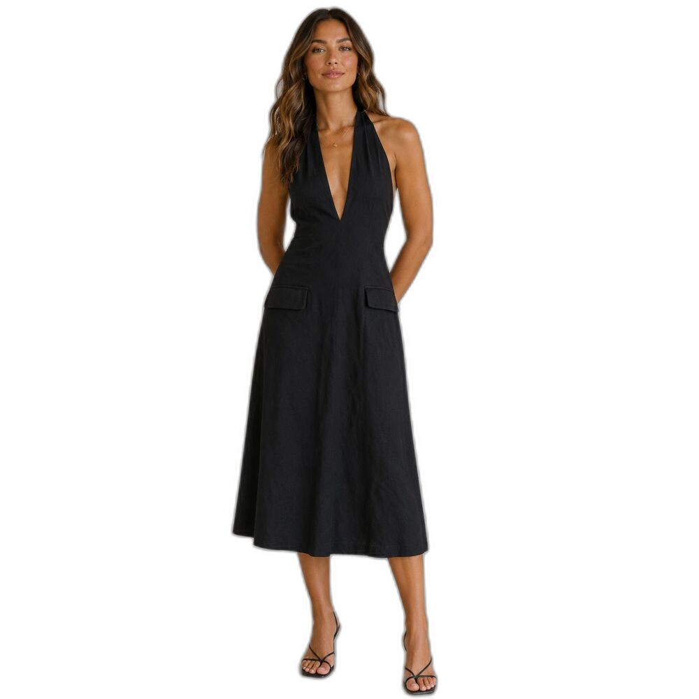 Mimi & Dottie Halter Flare Midi Dress NWT Large V Neck Tie Neck ID9023 Black